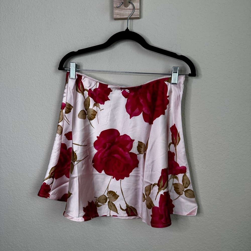 Life Rose Floral Satin Mini Skirt Picot Trim A-Line Sz Med Balletcore Soft Girl